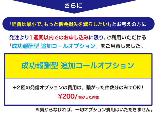 発注より1週間以内でのお申し込みに限り、ご利用いただける「成功報酬型 追加コールオプション」をご用意しました。